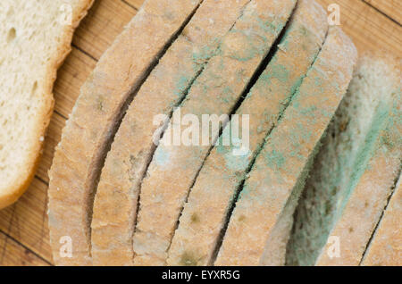 moldy sliced bread on wooden background Stock Photo