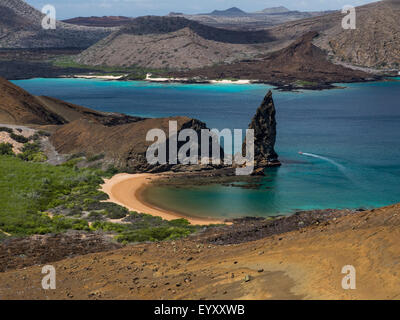 View of Pinnacle Rock and surrounding bays from Bartolome Island in the Galapagos Archipelago Stock Photo