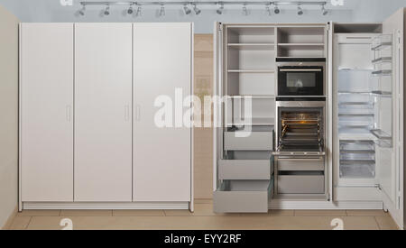 Empty refrigerator and cabinet storage in modern kitchen Stock Photo