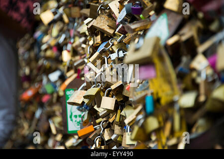 Close up of locks on fence, Paris, Ile-de-France, France Stock Photo