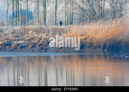 stroller along river Durme in the snow, Belgium Stock Photo