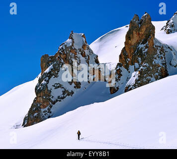 ski touring in snow covered French Alps, France, Savoie, Vanoise National Park, Courchevel Stock Photo