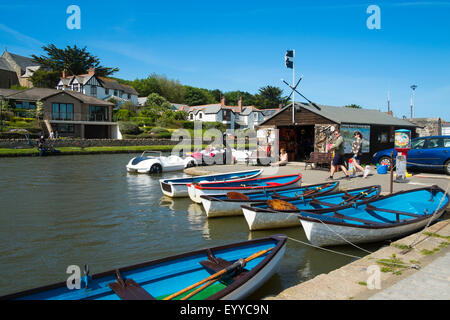 Rowing and pleasure boats lined up on Bude canal, Cornwall, England, UK Stock Photo