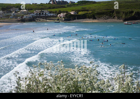 Surfing off Summerleaze Beach at Bude, Cornwall, England, UK Stock Photo