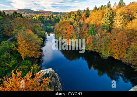 view from Externsteine to Wiembecke Pond in autumn, Teutoburg Forest, Germany, North Rhine-Westphalia, East Westphalia, Horn-Bad Meinberg Stock Photo