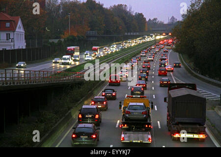 traffic jam on motorway A40 in the evening, Germany, North Rhine-Westphalia Stock Photo