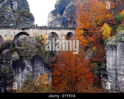 Bastei Bridge in autumn, Germany, Saxony, Saxon Switzerland National Park Stock Photo