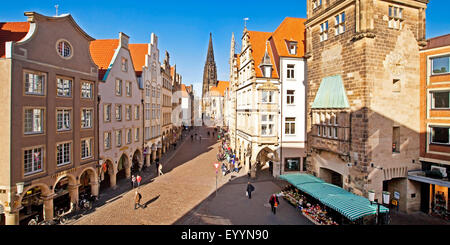 historic principal marketplace with townhouse tower and St. Lambert's Church, Germany, North Rhine-Westphalia, Munster Stock Photo