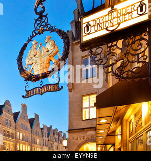 sign Stuhlmacher on front of the sandstone facades of the Prinzipalmarkt, Germany, North Rhine-Westphalia, Muensterland, Munster Stock Photo