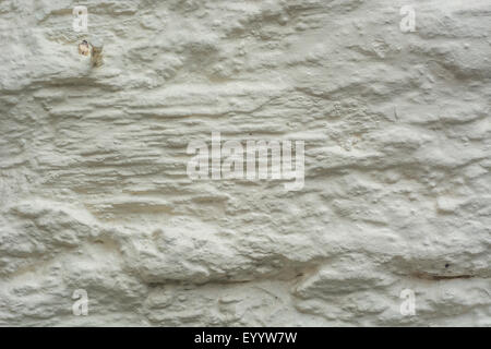 Paint covered outer house wall with rusty nail (top LHS). Bumpy surface texture. Stock Photo