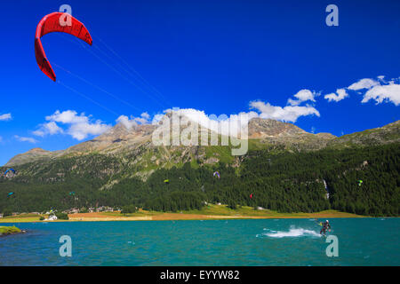 kitesurfer on Lake Silvaplana, Switzerland, Grisons, Oberengadin Stock Photo