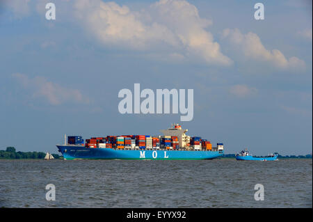 cargo ship on River Elbe, Germany, Lower Saxony, Krautsand Stock Photo