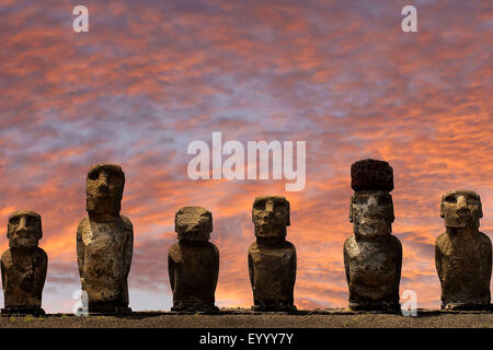 Moai statues at sunset, Chile, Rapa Nui National Park Stock Photo