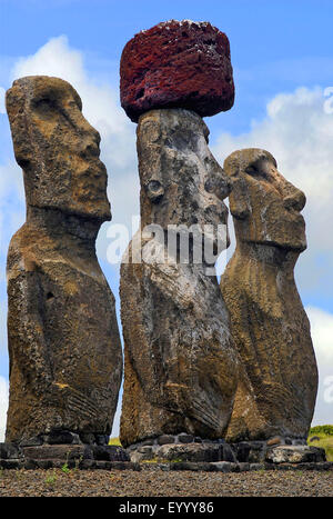 Moai statues with pukao, Chile, Rapa Nui National Park Stock Photo