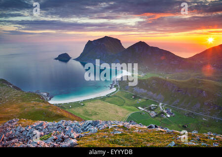 Norway. View of  Lofoten Islands, located in Norway, taken from Holadsmelen, during summer sunset. Stock Photo