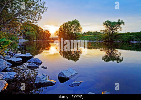 picturesque sunset over the river Ruhr in Witten, Germany, North Rhine-Westphalia, Ruhr Area, Witten Stock Photo