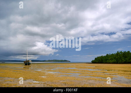 sailing boat at low tide, Madagascar, Nosy Be, Lokobe Reserva Stock Photo