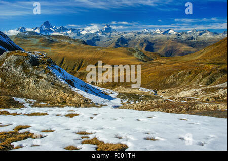 view from Nufenen Pass to Finsteraarhorn, Switzerland, Oberwallis, Goms Oberwallis Stock Photo