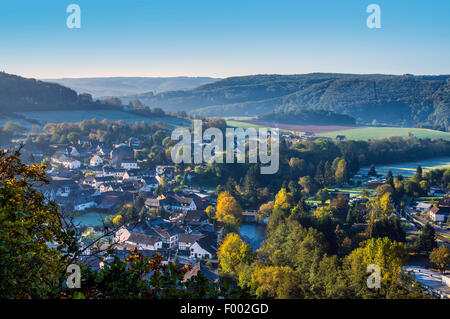 view to Abenden and Rur Valley in autumn morning damp, Germany, North Rhine-Westphalia, Naturpark Nordeifel Stock Photo