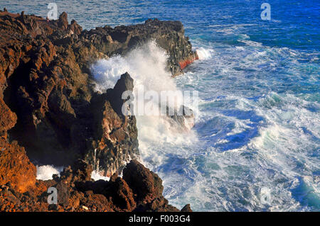 surf at the volcanic rockbound coast, Playa de las Cabras, Canary Islands, La Palma, Fuencaliente Stock Photo