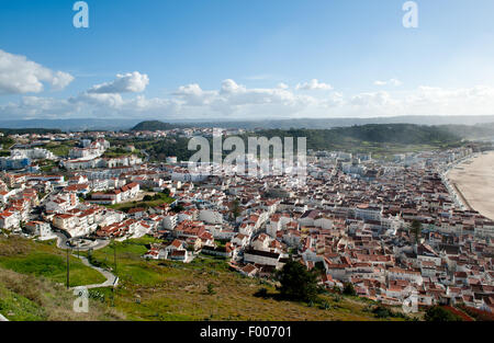 Beautiful view on village resort Nazare. View from Sitio, old town on new - modern Nazare in Portugal,Costa de Prata Stock Photo