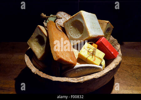 diverse handmade soaps in a bowl, still life, France, Savoie Stock Photo