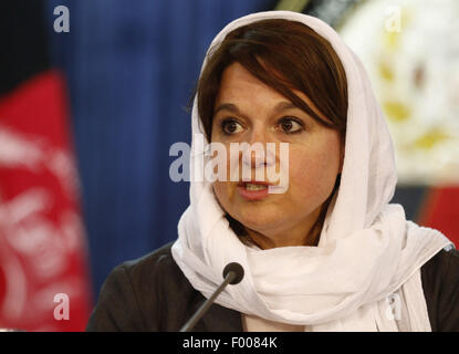 Kabul, Afghanistan. 5th Aug, 2015. Danielle Bell, director of the Human Rights Unit at the United Nations Assistance Mission in Afghanistan, speaks during a press conference in Kabul, Afghanistan, Aug. 5, 2015. Altogether 1,592 Afghan civilians were killed as a result of armed conflicts and wars in the first half of this year, the UN said in its mid-year report released on Wednesday. Credit:  Rahmin/Xinhua/Alamy Live News Stock Photo