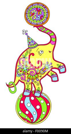 colored line art drawing of circus theme - elephant balancing on Stock Vector