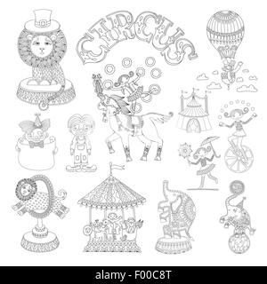 black and white line art drawings collection of circus theme Stock Vector