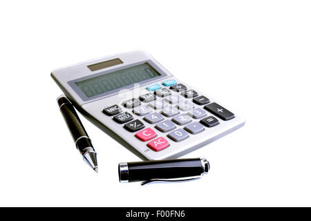 Close upof a small calculator and pen on white Stock Photo