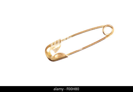 Macro shot of a golden safety pin isolated on white Stock Photo