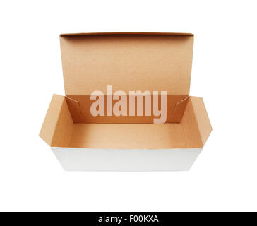 Cardboard box with flip open lid, lid open, isolated on white. Stock Photo