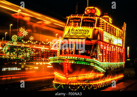 Illuminated Blackpool tram and lights. Lancashire. England. UK Stock Photo