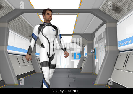 One of the crew walks through one of the corridors in the ship to get to the holodeck. Stock Photo