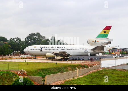 Old McDonnell Douglas DC-10-30 plane still branded with the colors of Ghana Airways in Accra, Ghana Stock Photo