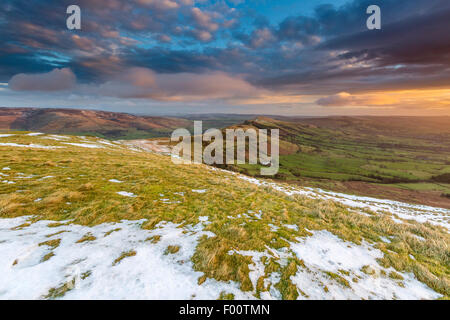 View over Hope Valley from Mam Tor, High Peak District, Peak District National Park, Castelton, Derbyshire, England, United King Stock Photo