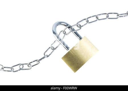 Metal chain and an unlocked padlock, viewed from above, isolated on white background. Stock Photo