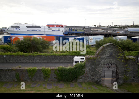 looking out over the port from the walls of the old roman fort caer gybi Holyhead Anglesey Wales UK Stock Photo
