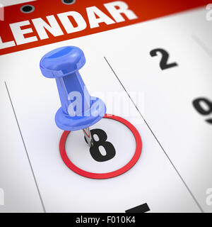 Calendar and blue thumbtack. Mark on the calendar at 8. Stock Photo