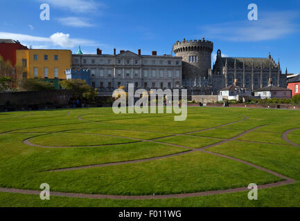 The Record Tower, Chapel Royal and other Buildings, From the Dubh Linn Gardens Behind Dublin Castle, Dublin City, Ireland Stock Photo