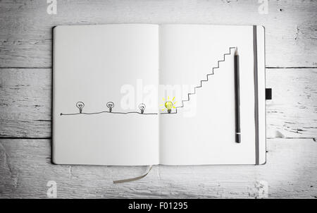 Open notepad with with concept of idea on white wooden table Stock Photo