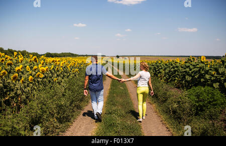 Rear view of couple holding hands walking in summer countryside Stock Photo