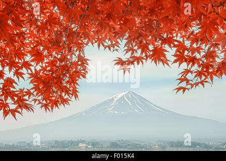 Mount Fuji reflected in Lake Kawaguchiko with fall colors, Japan. Stock Photo