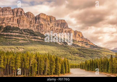 Castle Mountain with a storm moving across.  Banff National Park, UNESCO World Heritage Site, Alberta, Canada. Stock Photo