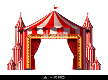 Circus blank space stage tent design element as a group of big top carnival tents with a red curtain opening entrance as a fun entertainment icon for a theatrical party festival isolated on a white background. Stock Photo