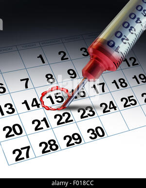 Medical apointment concept and doctor clinical date as a hospital syringe needle highlighting a day on a calendar with human blood as a symbol for patient management. Stock Photo