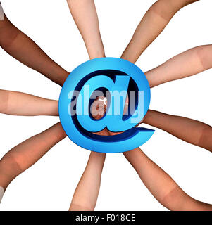 Online community Internet collaboration and internet cooperation concept and social crowdfunding participation symbol as a group of diverse hands organized in a circular formation holding an at sign icon as people using wifi. Stock Photo