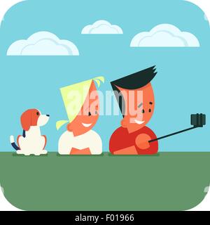 Young couple with dog lying on the grass and taking selfie using smartphone and selfie stick. Vector illustration. Stock Vector
