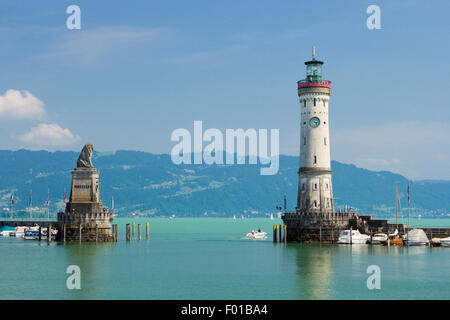 Lighthouse and Bavarian Lion  in harbor of Lindau in Lake Constance, Germany. Stock Photo