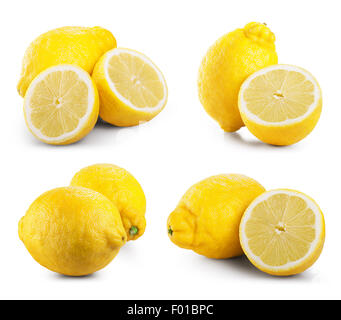 Set of ripe lemon fruits isolated on white background. Clipping Path Stock Photo